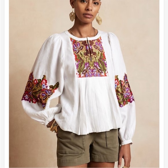 Banana Republic Tops - Banana Republic White Blouse with Colorful Embroidery, NWT, XL - Price Firm